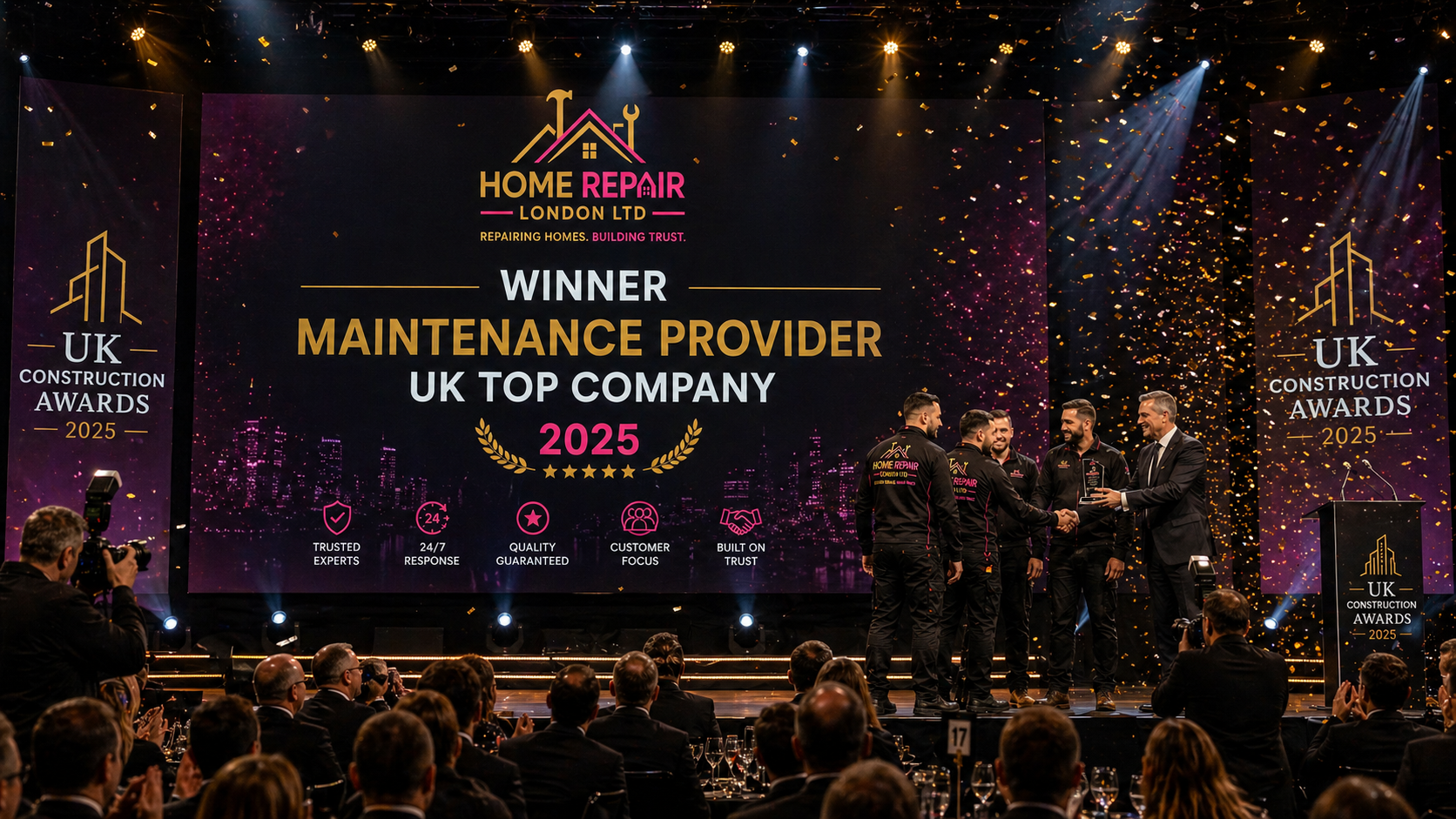 Home Repair London Ltd team receiving a UK Construction Awards 2025 maintenance provider award on stage