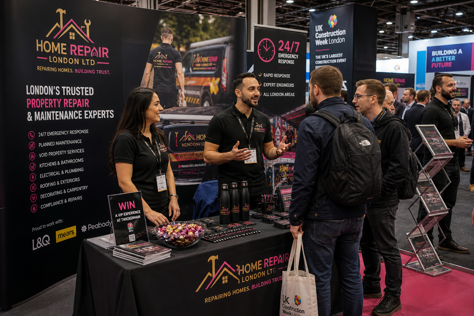 Home Repair London Ltd team speaking with visitors at a UK Construction Week London exhibition stand