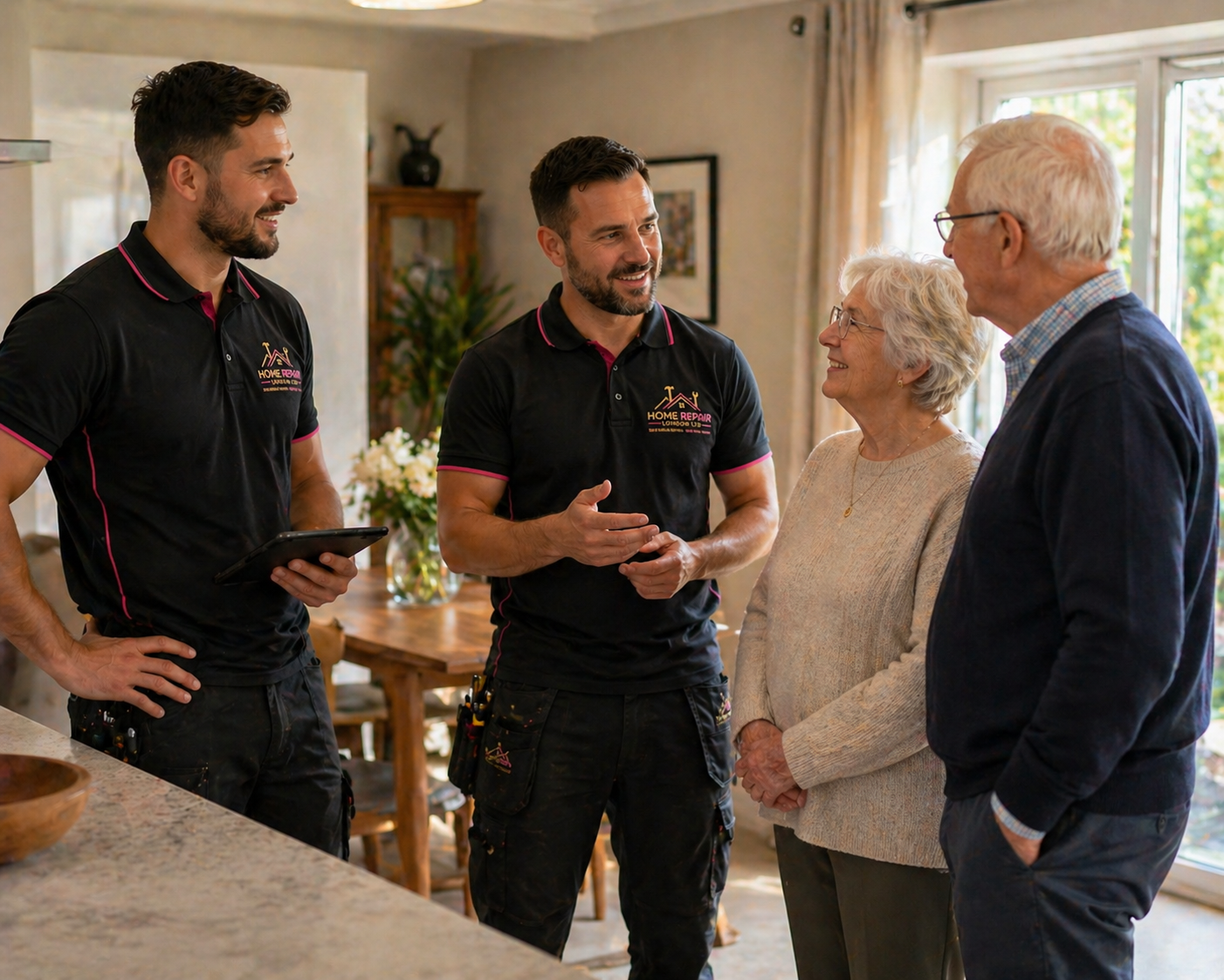 Home Repair London team members talking with elderly residents inside their home