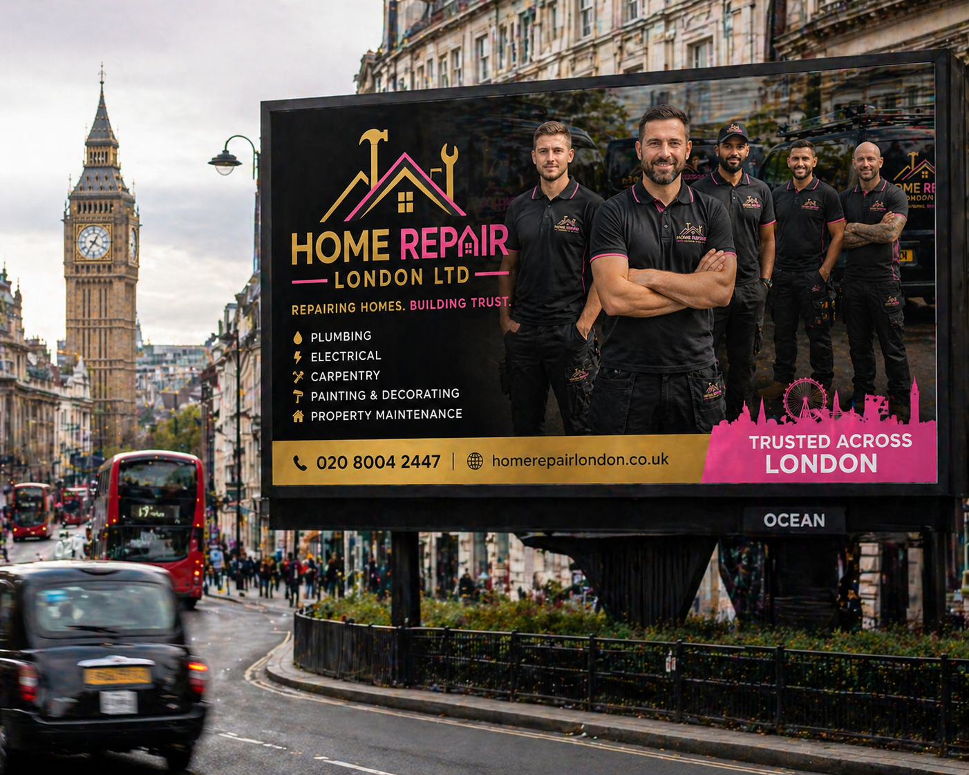 Home Repair London Ltd advertising billboard near Big Ben in central London