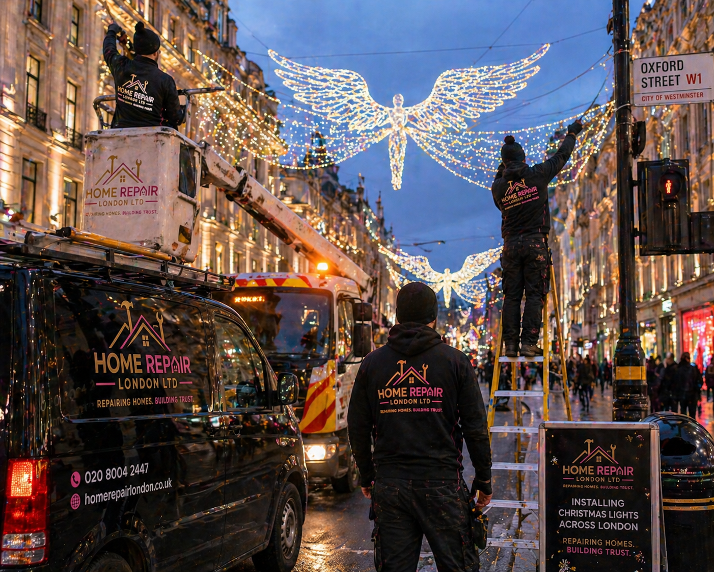 Home Repair London team installing Christmas lights on Oxford Street