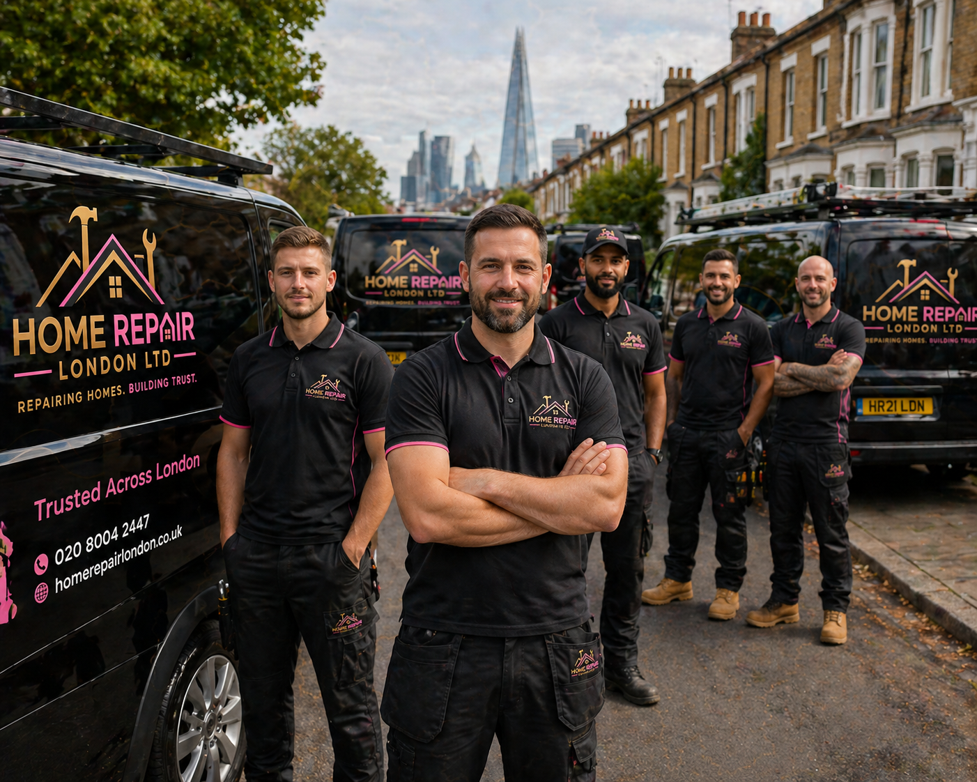 Home Repair London Ltd team standing with branded vans on a London street with the Shard in the background